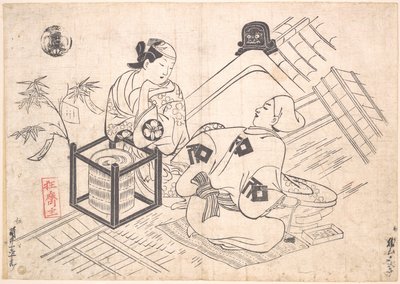 Katsuyama Matagoro as a Yane-chi Seated on a Straw Mat on the Tiled Roof of a House by Okumura Masanobu