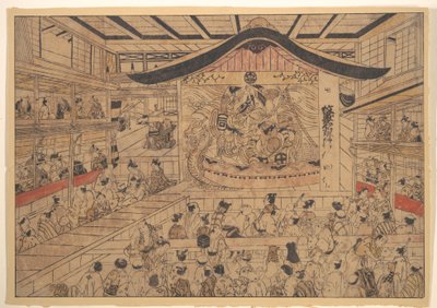Perspective View (uki-e) of a Kabuki Theatre, with a Performance of The Crest Patterns of the Soga Brothers and Nagoya Sanza (Mon-zukushi Nagoya Soga) by Okumura Masanobu