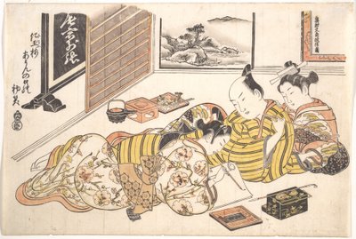 Plate from the Erotic Book Mounds of Dyed Colors: A Pattern Book for the Boudoir, First Month by Okumura Masanobu