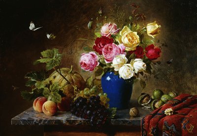 Roses in a Vase, Peaches, Nuts and a Melon on a Marbled Ledge, 1891 by Olaf August Hermansen
