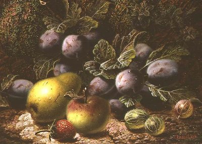Still Life with Plums, Gooseberries, Apple, Pear and Strawberry by Oliver Clare