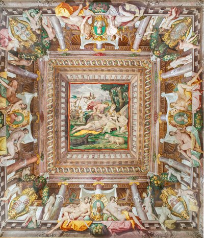 View of the ceiling of the Room of Adonis and the memorial stones of family members Rossi, Gonzaga, Riario and Medici, Rocca dei Rossi, San Secondo, Parma, Italy by Orazio (attr.to) Samacchini