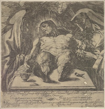 Lamentation over the body of Christ by the three Marys, a jar of ointment on the table by Orazio Borgianni