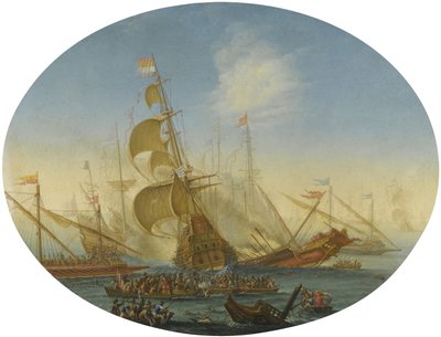 A naval battle between Turks and Christians by Orazio Grevenbroeck