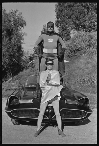 Batman and Robin and Batmobile on the set of the 