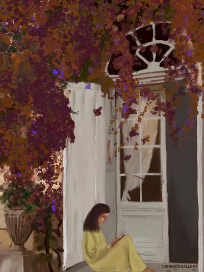 Quiet Reader Under Bougainvillea by Osheensgallery