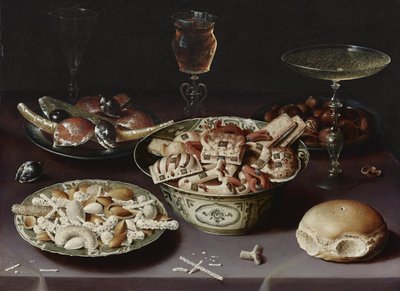 Still Life with Sweets, Chestnuts and a Bread Roll by Osias the Elder Beert