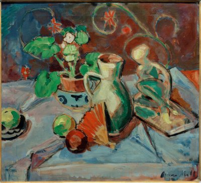 Still Life with White Jug, Sculpture, Fan, and Oranges by Oskar Moll