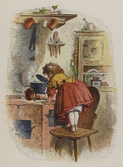 Little girl looking into a saucepan on a stove by Oskar Pletsch
