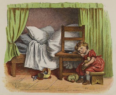 Little girl sitting beside her bed by Oskar Pletsch
