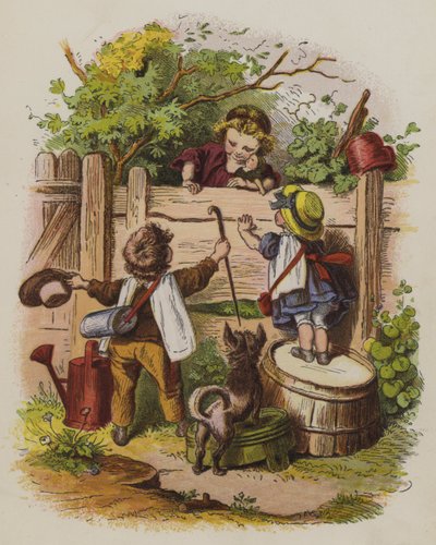 Three children chatting over a garden fence by Oskar Pletsch