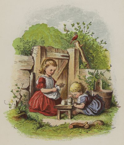Two little girls playing in a garden by Oskar Pletsch