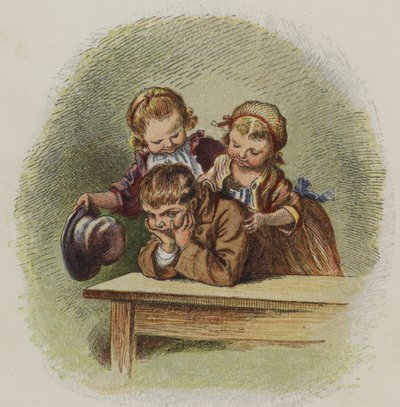 Two little girls trying to cheer up a grumpy boy by Oskar Pletsch
