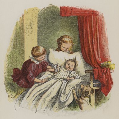 Young boy and girl watching a baby by Oskar Pletsch