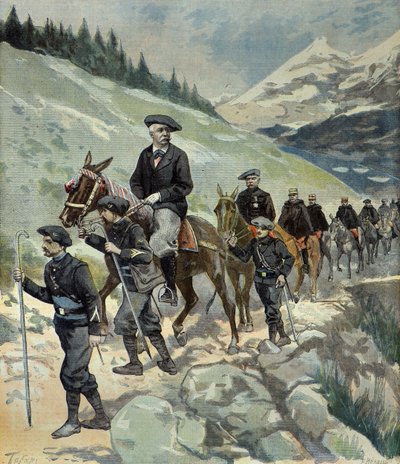 Felix Faure with Alpine Hunters on a Trip to the Alps in 1897 (Engraving) by Oswaldo Tofani