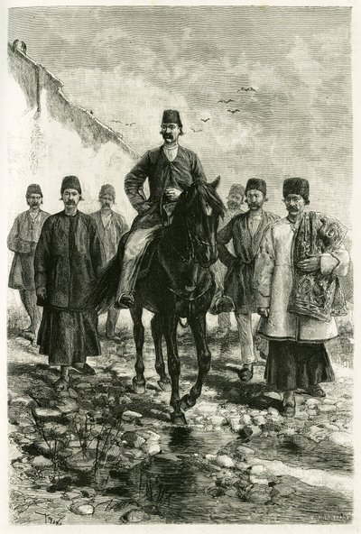 The governor of Kachan (or Kashan, in Teheran province, present-day Iran) rides a black horse and his suite is on foot. Engraving by Tofani, from a photograph, to illustrate the story Persia, Chaldee and Susiane in 1881-1882, by Jane Dieulafoy (nee Magre) by Oswaldo Tofani