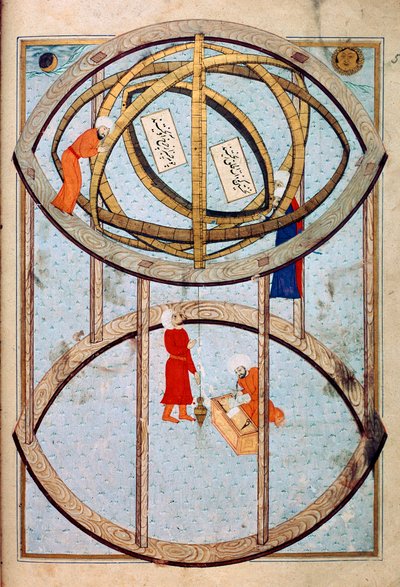 Astronomers manipulating a huge armillary sphere and tools to measure longitude and latitude by Ottoman School