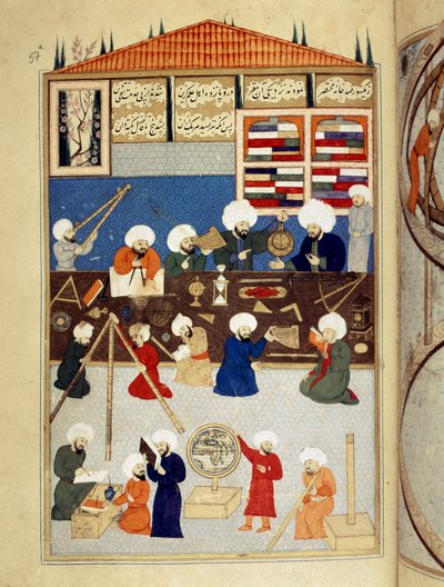 Science and Islam: description of the astronomical observatory of the Arab scientist Taqi al-Din built under Murad III in Istanbul in 1577, astronomers work with instruments. Manuscript miniature ms. FY 1404 by Ottoman School