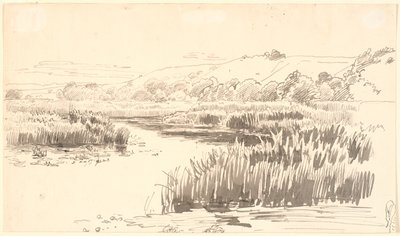 Landscape with a Stream Along Whose Banks Grow Tall Reeds. Hills in the Background. Probably Vejle by P.C. Skovgaard