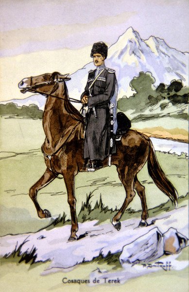 Postcard depicting a Terek Cossack, c.1914 by P. (after) Dmitroff