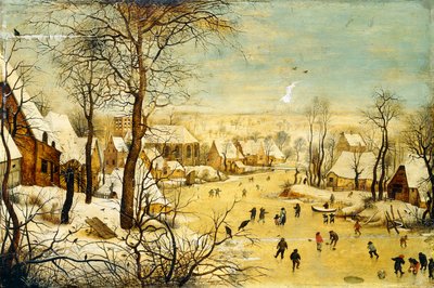 A Village in Winter with a Birdtrap and Skaters on a frozen waterway by P. the Younger Brueghel