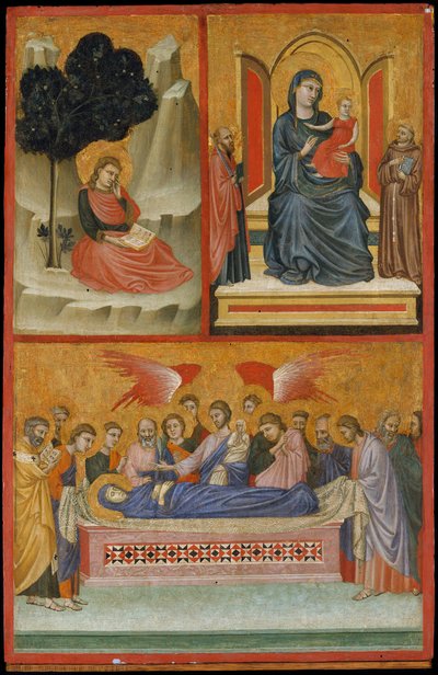 Saint John on Patmos, Madonna and Child Enthroned, and Death of the Virgin, The Crucifixion by Pacino di Bonaguida