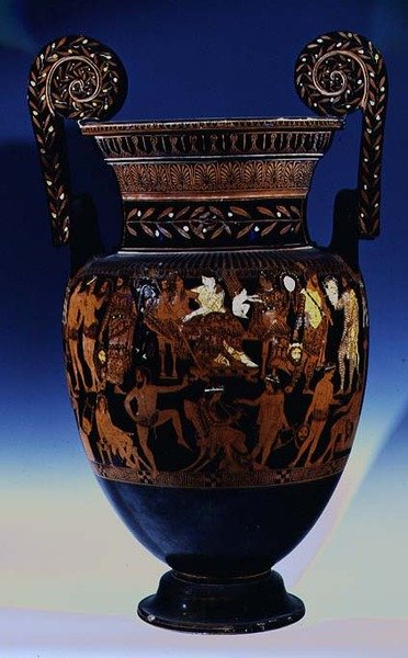 Attic Red-Figure Volute-Crater with Actors and Musicians Preparing for a Performance Before Bacchus and Ariadne, Greek, from Ruvo, 5th Century BC by Painter Pronomos