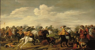 A cavalry skirmish in a landscape by Palamedes Palamedesz