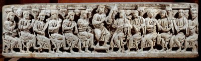 Paleochristian art: carved sarcophagus depicting Christ teaching with the atres by Paleo Christian