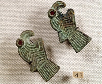 Bronze fibules inlaid with garnet in the shape of eagle heads by Paleo Christian Paleo Christian