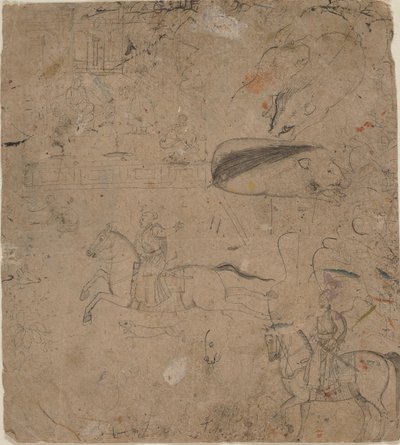 Page from a Sketchbook Showing Rulers on Horseback, Boars, and a Palace Scene by Pandit Seu