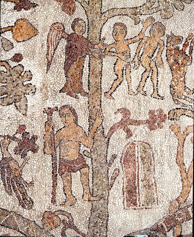 Adam and Eve Expelled from the Garden of Eden, Mosaic of Pantaleone, Priest and Mosaicist. 1163-1166. Central Nave of the Cathedral of Otranto by Pantaleon