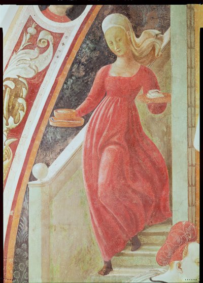 The Birth of the Virgin (detail of a maid servant descending a staircase) by Paolo Uccello