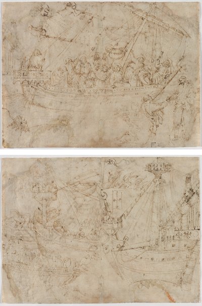 Navicella (recto) Two Drawings of Ships (verso) by Parri Spinelli