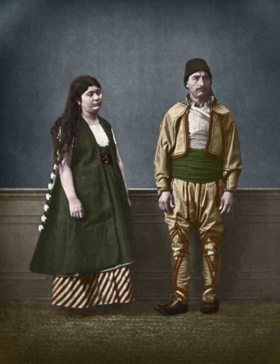 Portrait of a Bulgarian woman from Sofia and a Bulgarian man around 1890. Colorized photography by Pascal Sebah (1838-1890). by Pascal Sébah