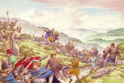 King Aethelfrith sends soldier to slaughter twelve hundred monks by Pat (1907-95) Nicolle