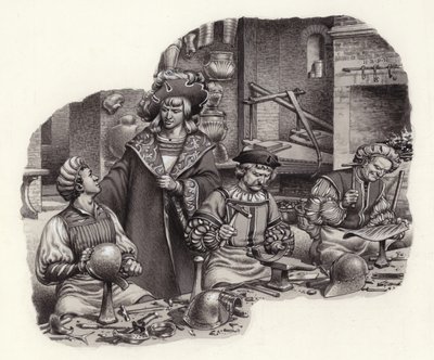 The Emperor Maximilian in the workshop of his armourer by Pat (1907-95) Nicolle
