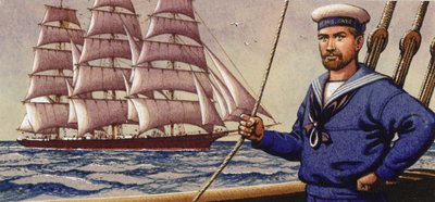 Well-dressed sailor and square-rigger sailing ship by Pat (1907-95) Nicolle