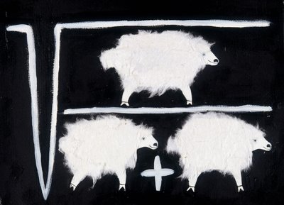 Cloning: A mathematical symbol representing square root, division, and addition calculation operations with sheep used as guinea pig by Patrizia La Porta