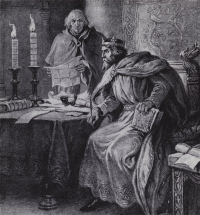 Alfred the Great, King of Wessex, and His Candle Clocks (litho) by Paul (after) Hardy
