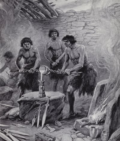 Men working in a foundry during the Bronze Age by Paul (after) Hardy