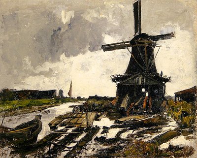 Holland, A Canal Landscape with a Wood Saw Windmill by Paul Baum