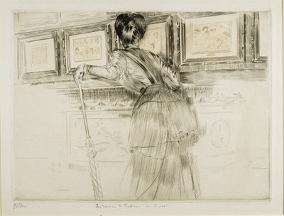 Woman Looking at Watteau Drawings in the Louvre by Paul Cesar Helleu