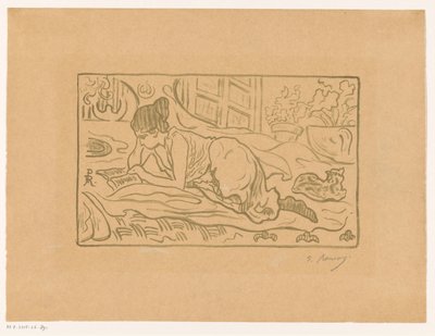 Woman reading lying on a bed by  (signed by artist) Paul Élie Ranson