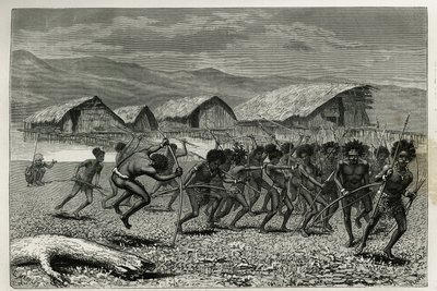 Descent of the Papus Arfaks Warriors in Dorey (New West Guinea) (engraving by E. Mesples, to illustrate the voyage to New Guinea by Achille Raffray, 1876-1877) by Paul Eugene (after) Mesples