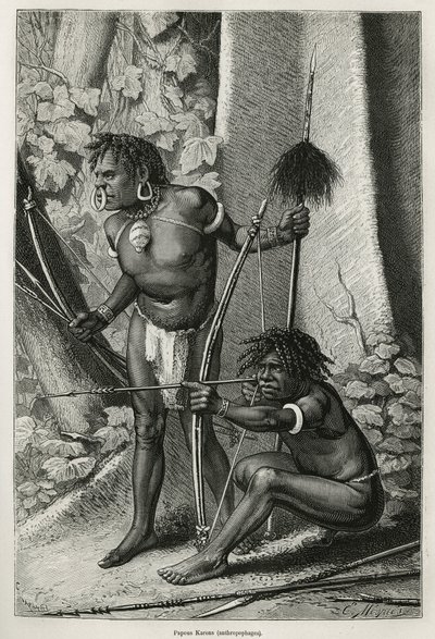 Portraits of two Papous Karons, anthropophages, engraving by E.Mesples, to illustrate the voyage to New Guinea by Achille Raffray, entrusted with a scientific mission by the Ministry of Public Education, in 1876-1877, published in the tour du monde, under by Paul Eugene (after) Mesples