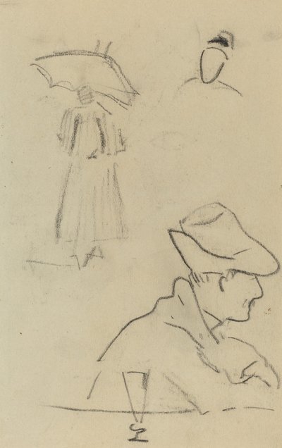 A Person Holding an Umbrella and a Seated Man with a Hat and a Glass by Paul Gauguin
