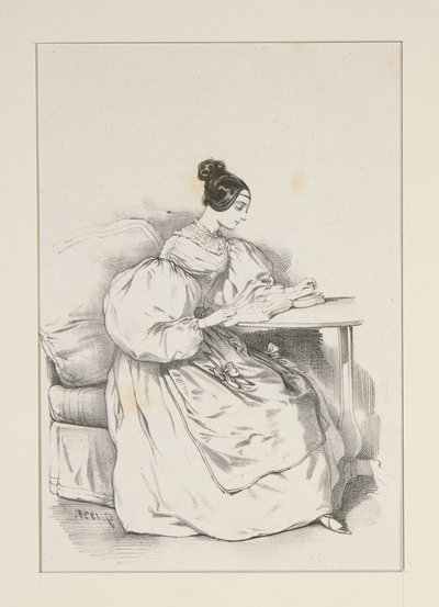 AT HOME. (September 1835) Dress in Scottish batiste,... by Paul Gavarni