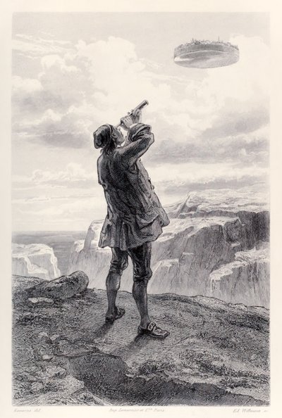 Gulliver Sees the Flying Island Laputa for the First Time, and Examines It Through His Telescope, from French Edition of Gulliver
