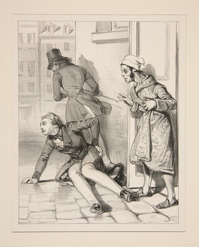 Mr. Victor, Who Was Loitering Under a Certain Window, Received a Barrage of Cane Blows from Mr. Prosper. by Paul Gavarni